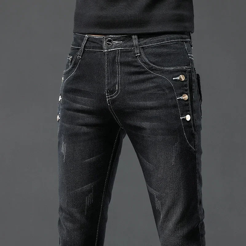 Men's Vintage Jeans Designer Korean Fashion Snowflake Wash Stretch Straight Pencil Pants Classic Slim Male Denim Trousers