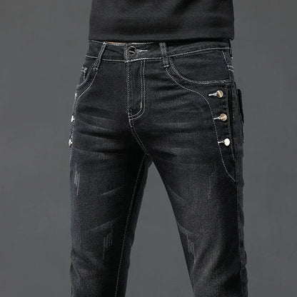 Men's Vintage Jeans Designer Korean Fashion Snowflake Wash Stretch Straight Pencil Pants Classic Slim Male Denim Trousers