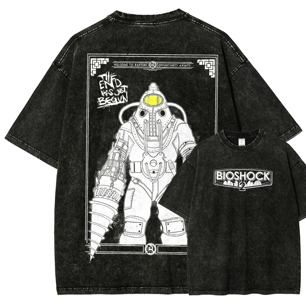 Classic Retro Shooting Game Bioshock Peripherals Graphic Print T-shirt Men Women New Harajuku Wind Tee Vintage Washed Cotton Top