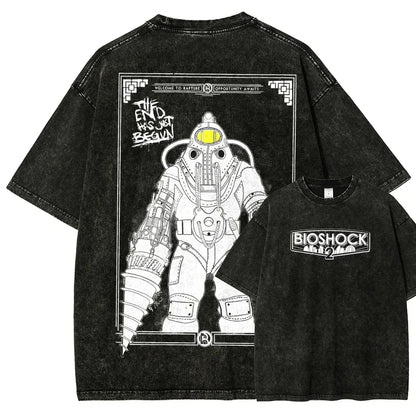 Classic Retro Shooting Game Bioshock Peripherals Graphic Print T-shirt Men Women New Harajuku Wind Tee Vintage Washed Cotton Top