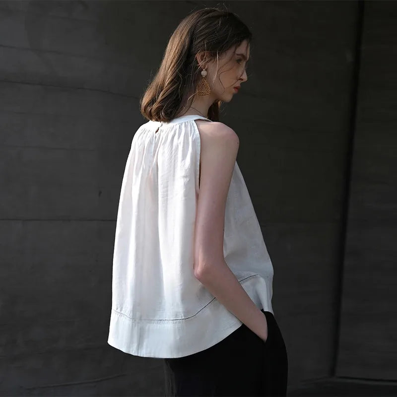 100% Linen Halter Tops Women 2026 Summer New Round Neck Sleeveless Tank Top French Office Ladies Loose Camisoles