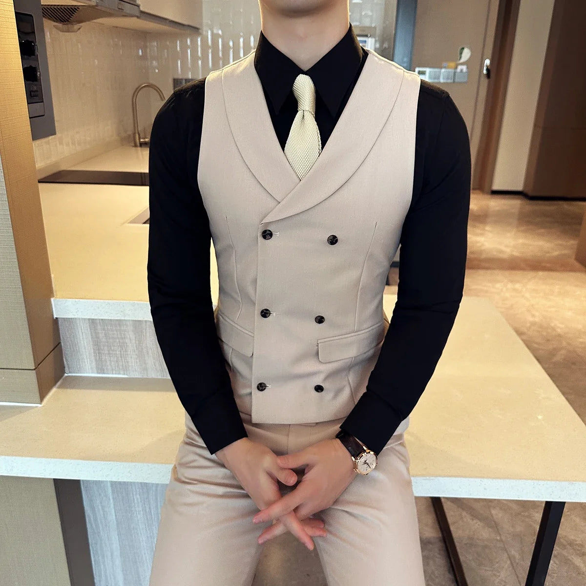 ( Vest + Pants) Men's Double-breasted Suit Vest 2 Pieces Set High Quality Business Casual Fashion Groom Wedding Dress Vest Sets