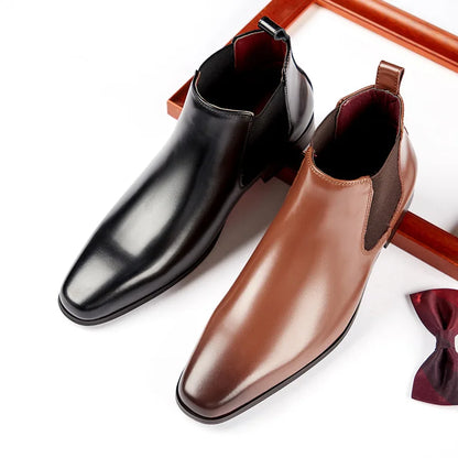 Elegant Simple Men Leather Boots Long Tip Square Toe British Chelsea Boots for Men Formal Business Luxury Shoes Spring Winter