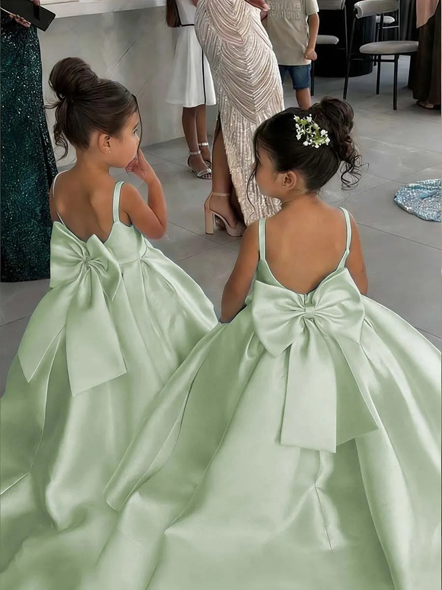 White Flower Girl Dress With Bow Strap Mini Bridal Wedding Dress Kids Ball Gown 1st Communion Frock Customized Vestidos De Noiva