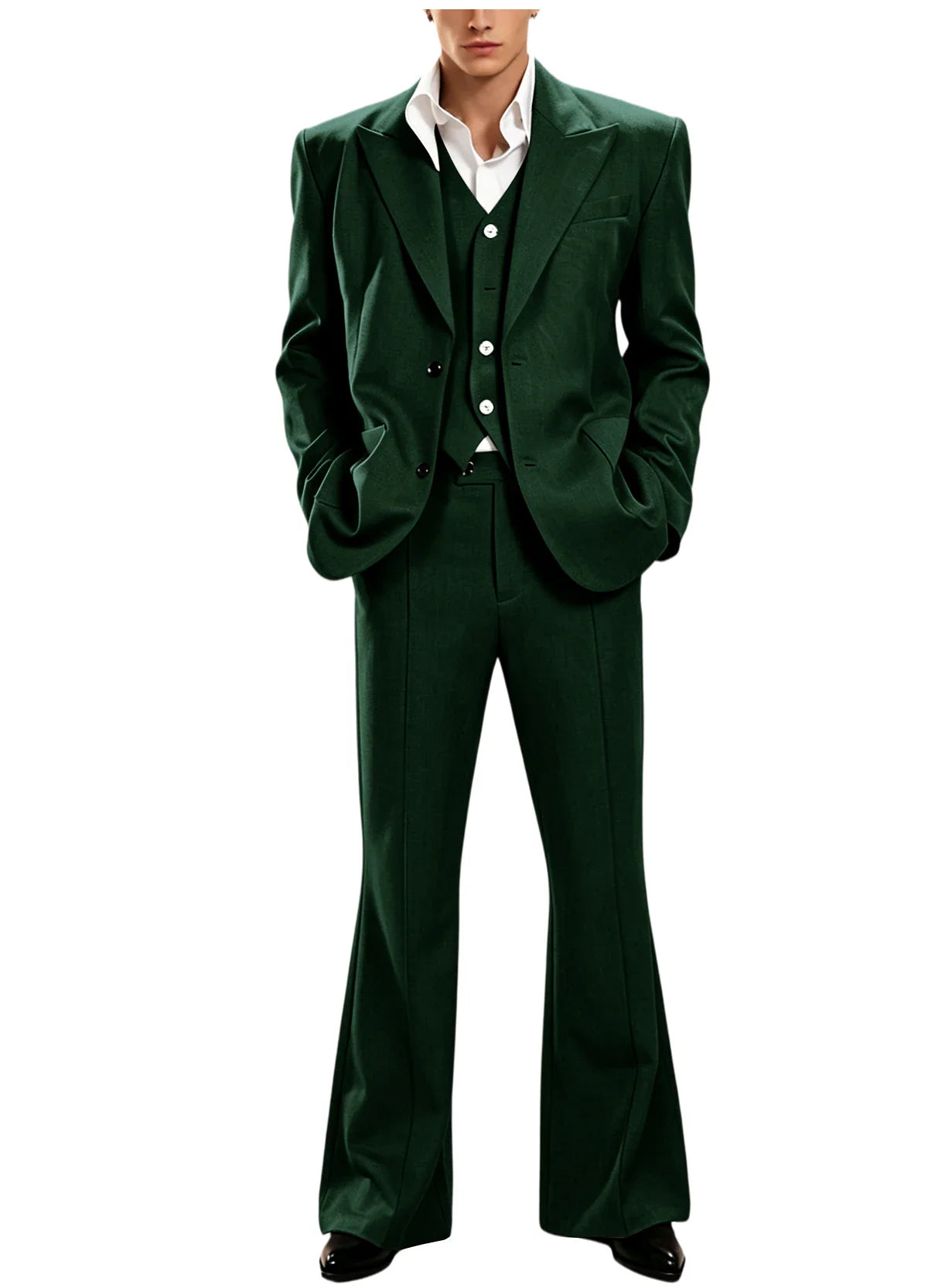 Vintage Men's 3 Piece Suit Set Peak Lapel Slim Fit 2 Button Double Breasted Blazer Vest Flared Pants for Formal Business Wedding