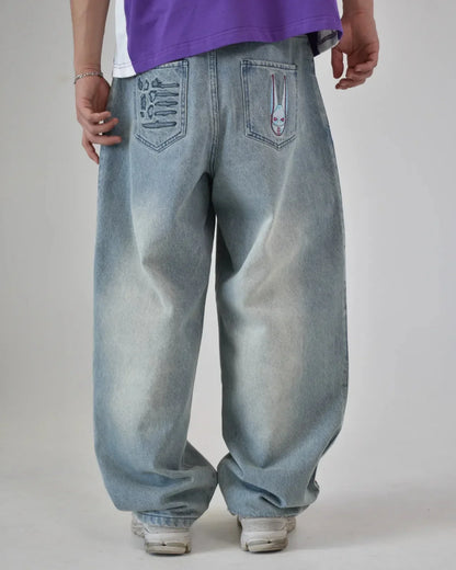 D4C JoJo  Y2K Men High Waist Baggy Jeans Women Pink Heart Side Embroidery Loose Fit Washed Denim Pants Streetwear Wide Leg Pants