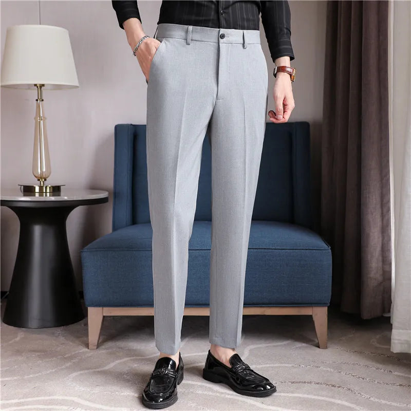 2026 Spring Summer New Men's Casual Pants Luxury Slim Fit Solid Color Fashion Business Suit Pants Formal Office Social Trousers