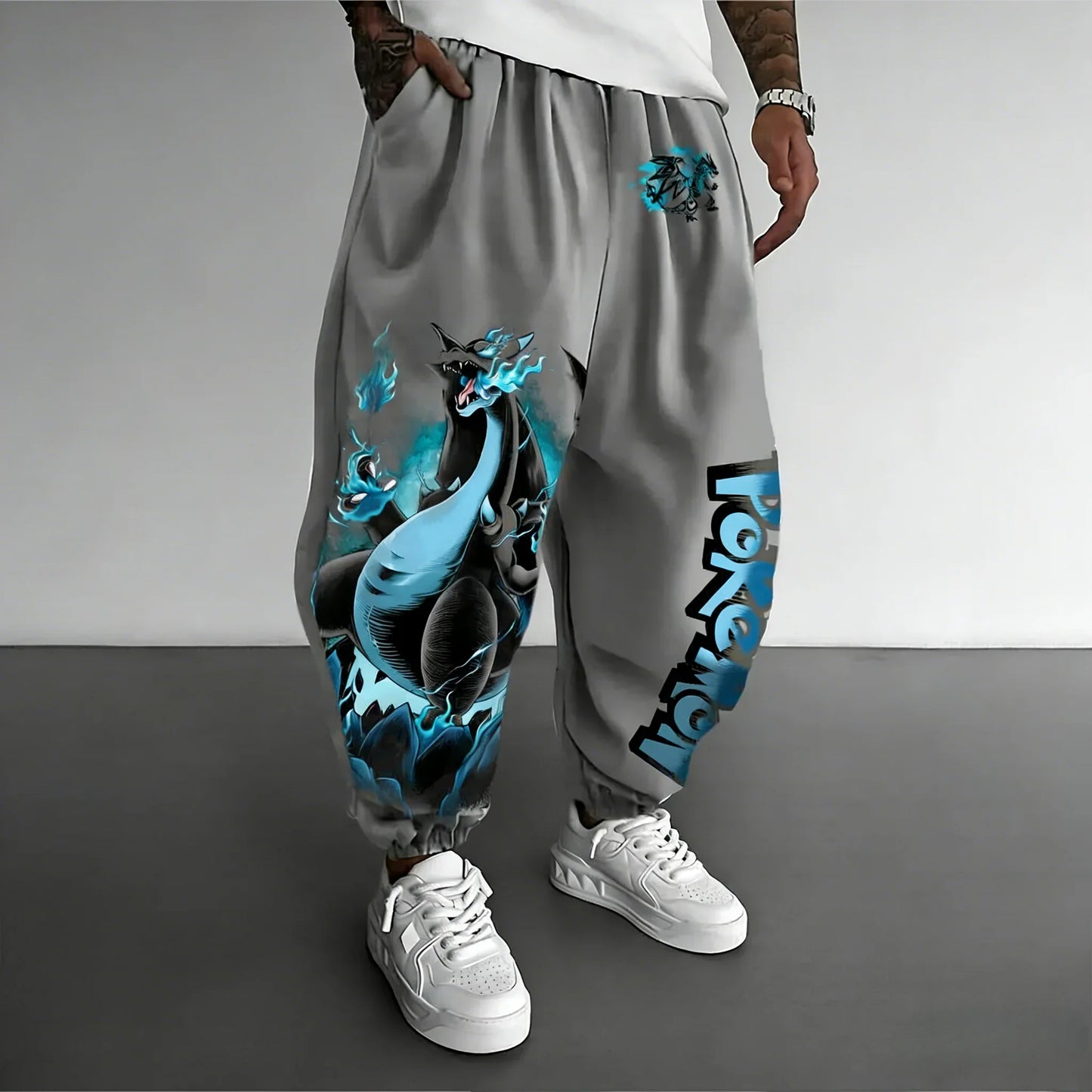 Pokemon Anime Charizard Cotton Hoodie and Harajuku Pants Set Gray Character Print Two Piece Outfit Casual Streetwear Loungewear