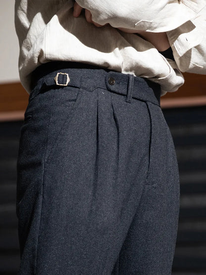 Flannel wool Italian casual Parisian button tapered gray trousers for men Naples Retro Slim fit