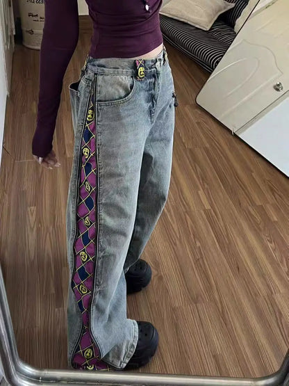 American Sle Zipper Plaid Printed Patchwork Loose Jeans For Men And Women Fashion High Waist Casual Vintage Straight Jeans