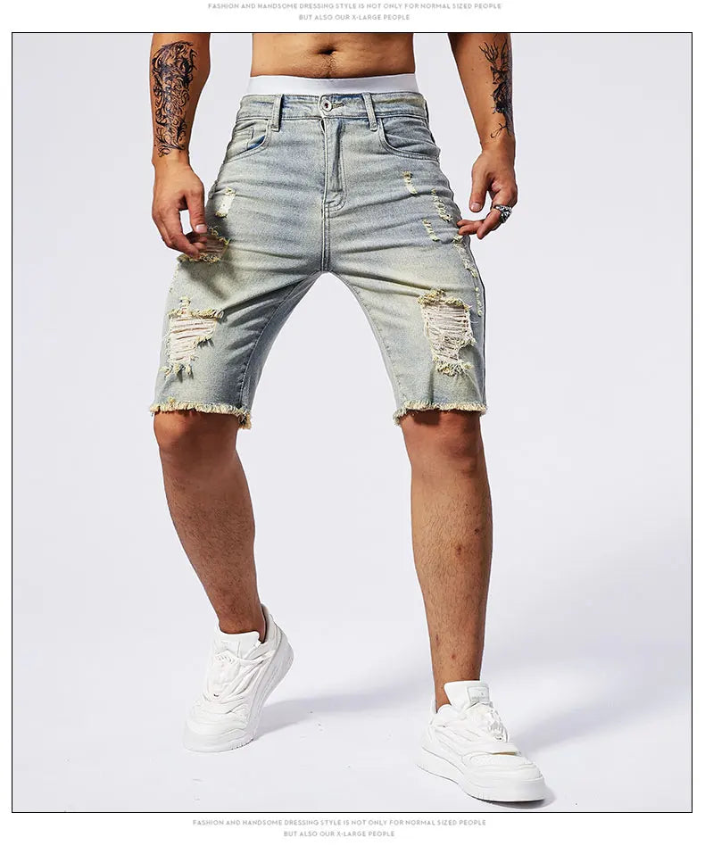 Vintage Denim Shorts Men's American Stretch Slim Jeans Fashion Ripped Streetwear Male Hole Frayed Short Pants Blue Black