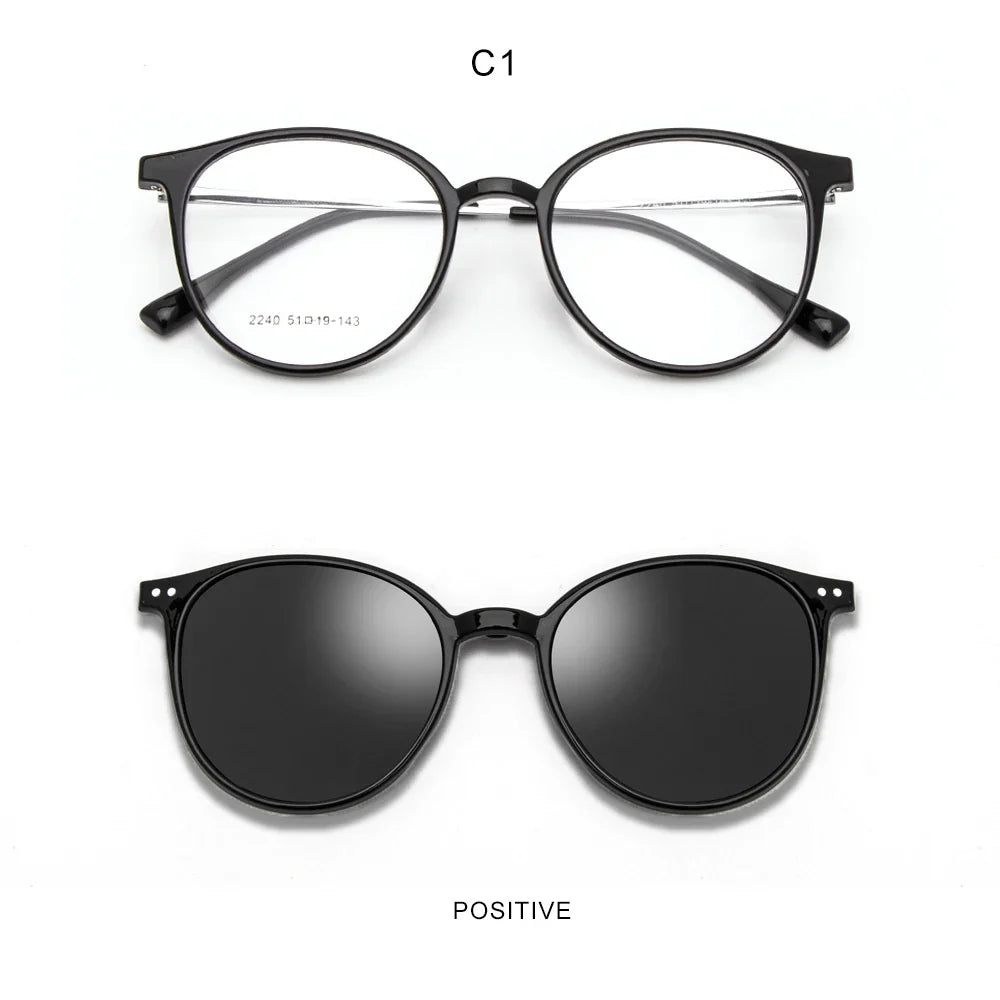 Magnetic Clip On Glasses Women Driving Polarised Round Pink Optical Myopia Eyewear Men Custom Prescription Glasses 2240
