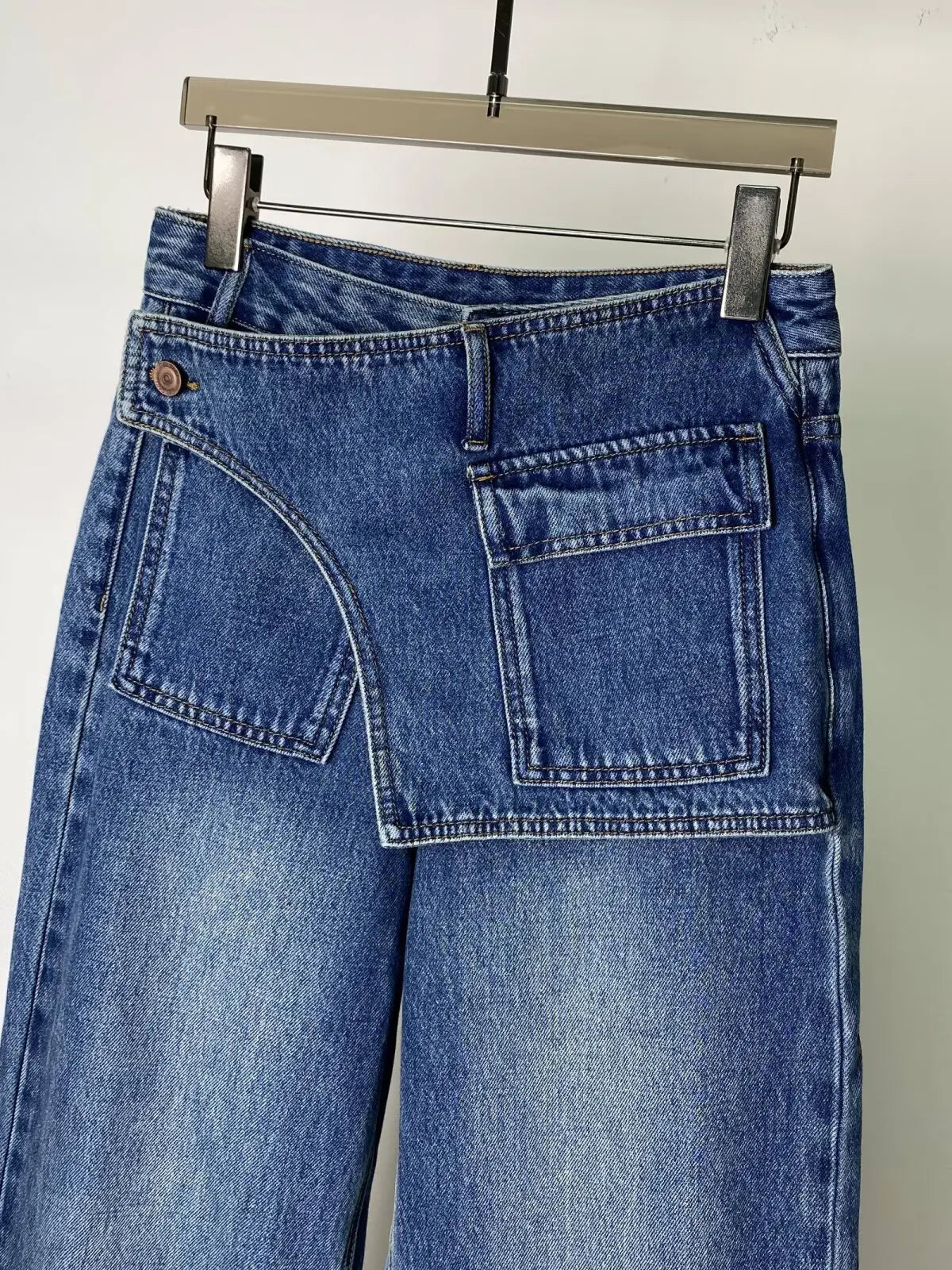 Plus Size American Style Women's Jeans Vintage Washed High Waist Irregular Loose Wide Leg Trousers All-match Ladies Denim Pants