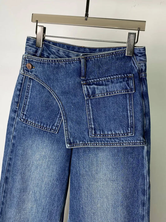 Plus Size American Style Women's Jeans Vintage Washed High Waist Irregular Loose Wide Leg Trousers All-match Ladies Denim Pants