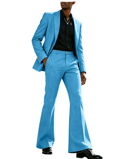 Vintage Men's Linen Suit 2 Piece Notch Lapel 2 Button Blazer Wide Leg Flare Pants Breathable Lightweight Set for Business Casual
