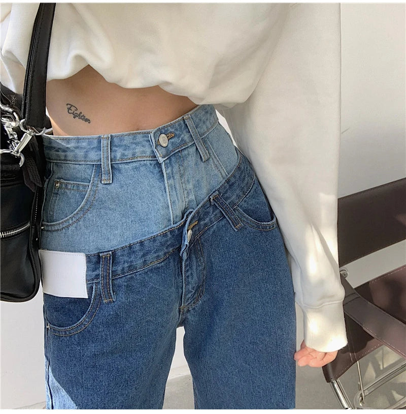 Stylish Fake Two Piece Jeans Women Patchwork Daddy Pants Female Baggy Jeans American Fashion Vintage Denim Pants Trousers Street