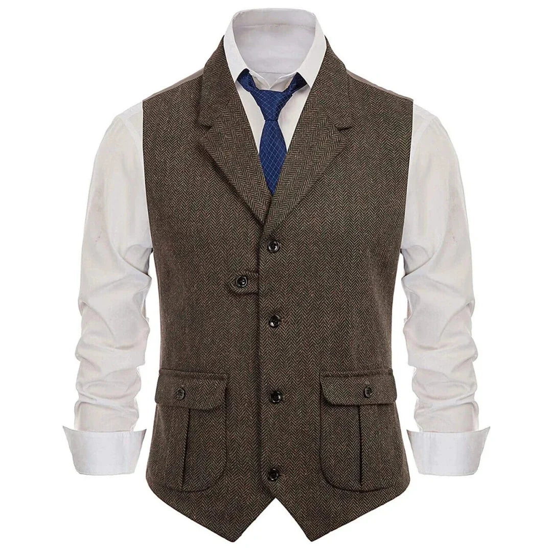 Men Vest Khaki Herringbone Single Button With Lapel Waistcoats For Wedding Banquet Business Office Work Daily Men Suit Vest