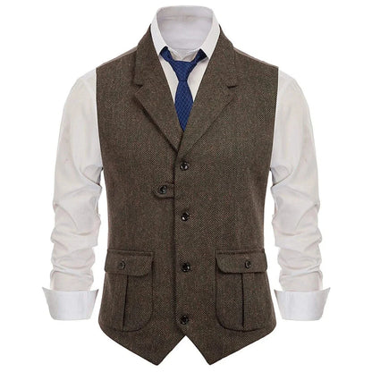 Men Vest Khaki Herringbone Single Button With Lapel Waistcoats For Wedding Banquet Business Office Work Daily Men Suit Vest