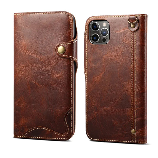 Genuine Leather Wallet Phone Case for iPhone 14 15 Plus 12 13 Pro Max 11 XS XR 6S 7 8 SE Holder Cover With Hand Strap