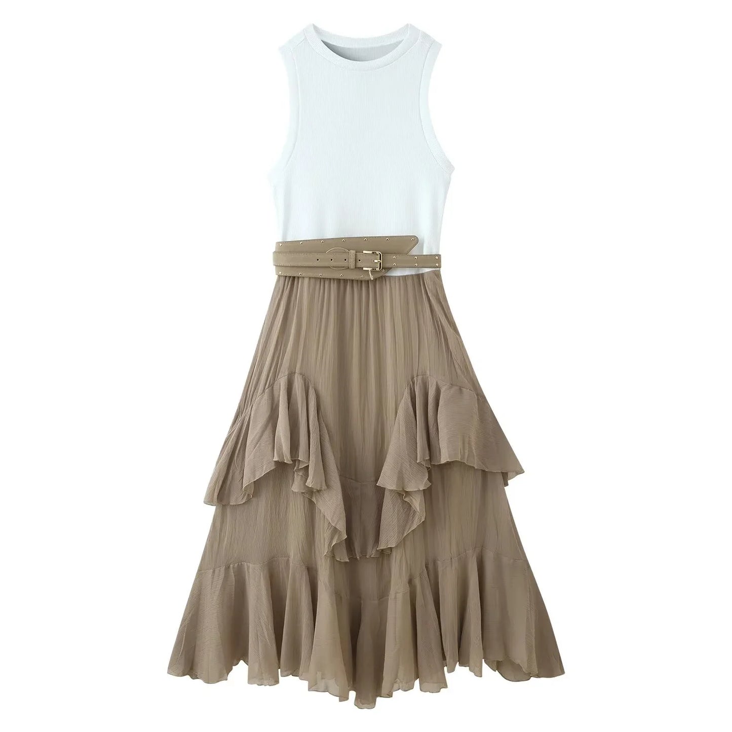 Women's Spring/Summer New Product Versatile Sleeveless Round Neck with Belt Stacked Splicing Tank Top Dress