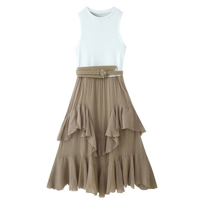 Women's Spring/Summer New Product Versatile Sleeveless Round Neck with Belt Stacked Splicing Tank Top Dress