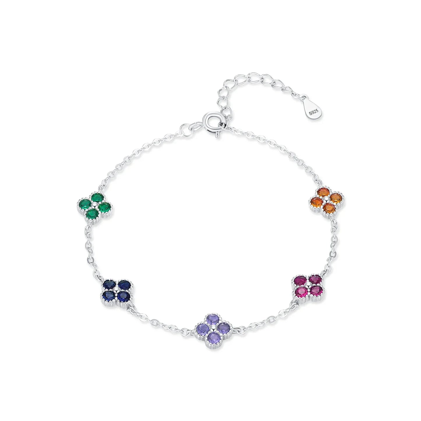 925 Sterling Silver Sweet Four Leaf Clover Colorful Zirconia Charm Fashion Stackable Bracelet For Women Fine Jewelry