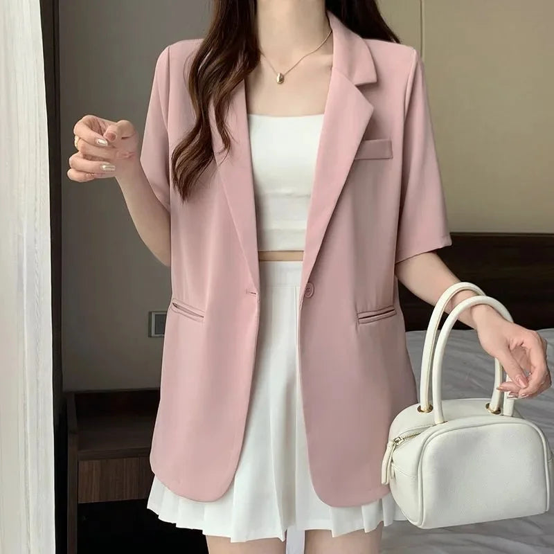 2026 Female Short Sleeved Suit Coat Women Summer Loose Fitting Solid Color Blazer Jacket Ladies Korean Leisure Tops Outerwear