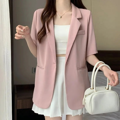 2026 Female Short Sleeved Suit Coat Women Summer Loose Fitting Solid Color Blazer Jacket Ladies Korean Leisure Tops Outerwear
