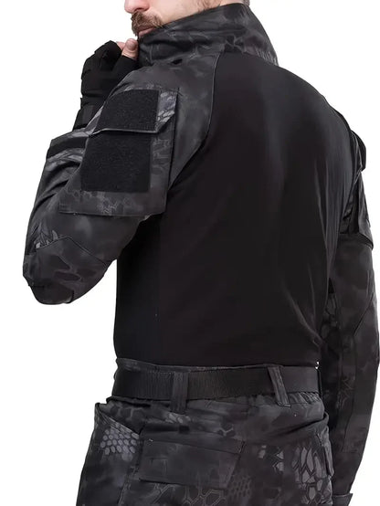 Men's Long Sleeve Combat Shirt Zipper Ripstop Cotton Tactical Shirts Navy Blue Camoufalge Airsoft T Shirts