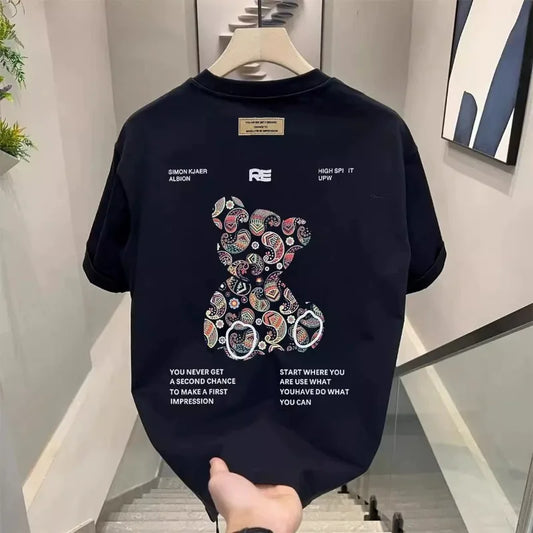 Men's Cotton T-shirts 5XL WhiteT Shirt for Men Casual Summer Wear Bear Print Black Tee Shirts Men Clothing Fashion