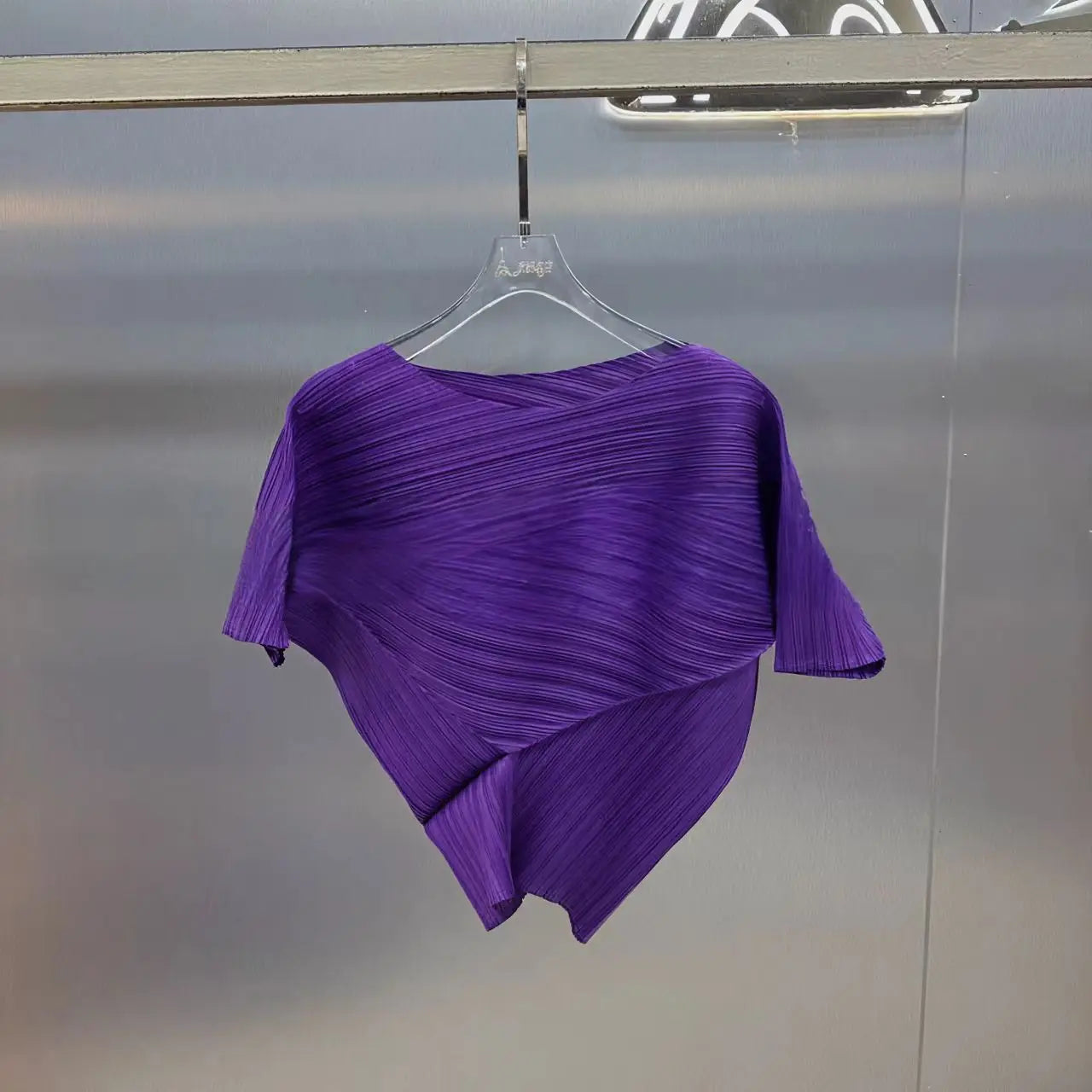 Vibrant Cyan Blue Miyake Pleated Asymmetric Short Sleeve Top, Irregular Hem Women's Casual All Match Modern Stylish Blouse