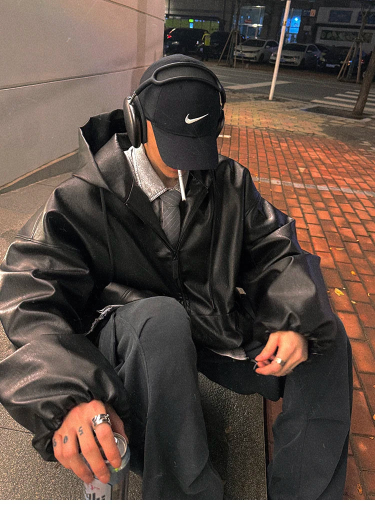 Spring Autumn Short Oversized Black Soft Pu Leather Jacket Men with Hood Zipper Loose Casual Korean Fashion Clothes