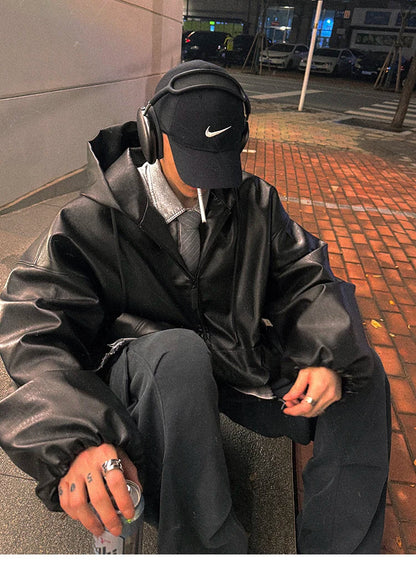 Spring Autumn Short Oversized Black Soft Pu Leather Jacket Men with Hood Zipper Loose Casual Korean Fashion Clothes