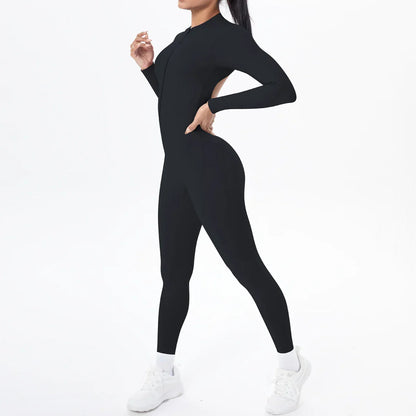 Solid Color Bodysuits for Woman's Backless Long Sleeved Zipper Yoga Jumpsuits High Dtrength Workout Sports Fitness Clothing Set
