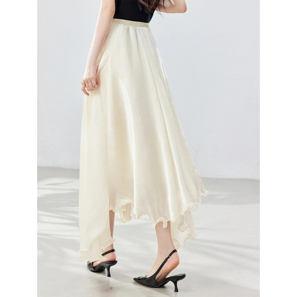 French A-line Shimmer Skirt for Women 2026 Summer New Fashion Irregular Ruffle Hem Elegant Office Maxi Skirt Bottoms 30813