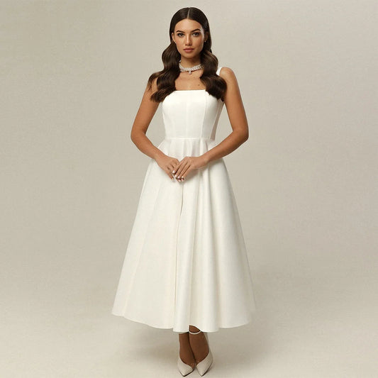 Hot Civil Wedding Dress Square Neck Sleeveless Back Zipper A Line Simple Satin Bridal Gown Short Bride Dresses Corset Design