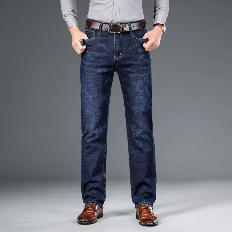 2024 autumn spring fitted straight stretch denim jeans classic style badge youth men's business casual jeans trousers