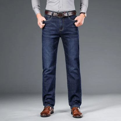 2024 autumn spring fitted straight stretch denim jeans classic style badge youth men's business casual jeans trousers