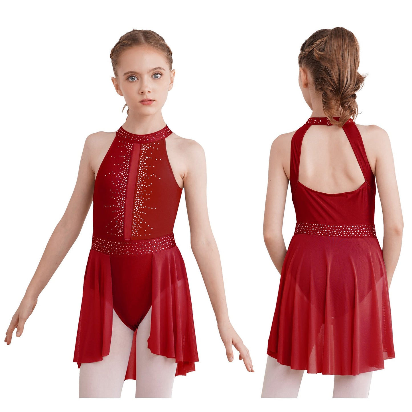 Kids Girls Gymnastics Figure Skating Ballet Lyrical Dance Costume Dress Side Split Sheer Mesh Ruched Glittery Rhinestones Dress