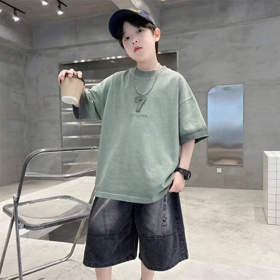Luxurious Teen Boys Set For Child Elegant T-shirts + Denim Shorts 2PCS Clothes Set Summer Kids Luxury Clothing Set Age 6 To 16 Y