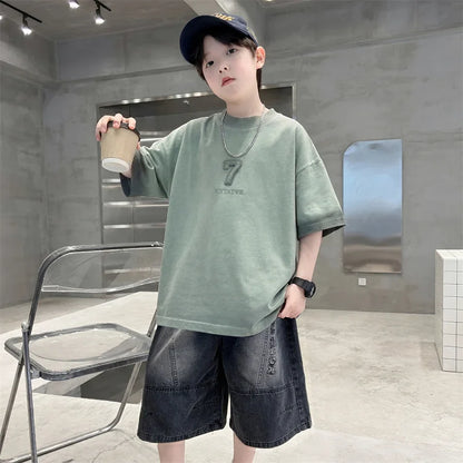 Luxurious Teen Boys Set For Child Elegant T-shirts + Denim Shorts 2PCS Clothes Set Summer Kids Luxury Clothing Set Age 6 To 16 Y