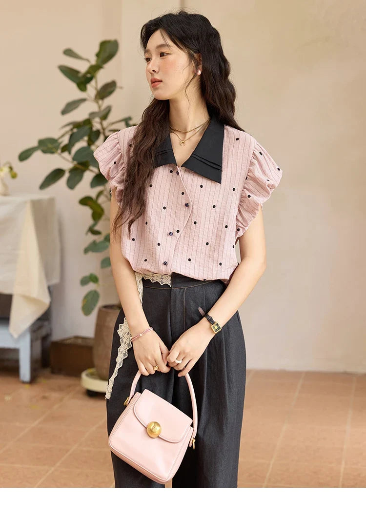 Summer Office Lady Blouses Women 2025 Short Sleeve Turn-down Collar Polka Dot Shirts Female Fashion Slim Tops MXE31C0776