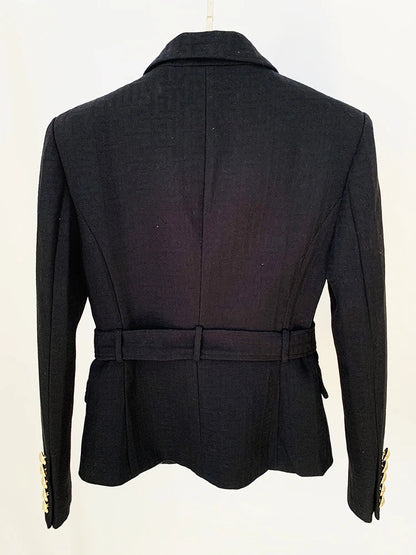 HIGH STREET Newest 2026 Designer Jacket Women's Double Breasted Lion Buttons Monogram Jacquard Belted Blazer