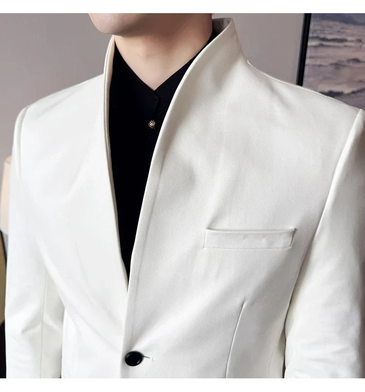 High Quality Cowhide Suede Suit Coats Men Fashion Slim Fit Stand Up Collar Business Casual Jacket Formal Groom Social Tuxedos