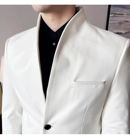 High Quality Cowhide Suede Suit Coats Men Fashion Slim Fit Stand Up Collar Business Casual Jacket Formal Groom Social Tuxedos