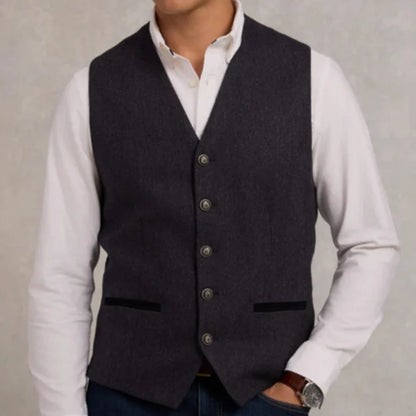 Men Vest Gray Herringbone With Black Pocket V Neck Waistcoat For Wedding Banquet Party Business Office Daily Casual Men Suit