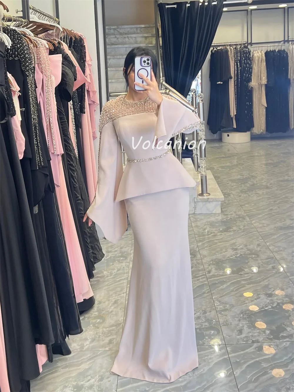 Customized High Quality Classic Jersey Beading Sequined Straight Scoop Neck Long Dresses Bespoke Occasion Dresses Exquisite