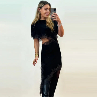 Cut Out Black Dress Woman Asymmetrical Lace Midi Dress Cape Sleeve Elegant Party Dresses Women Sexy Luxury Cocktail Dress