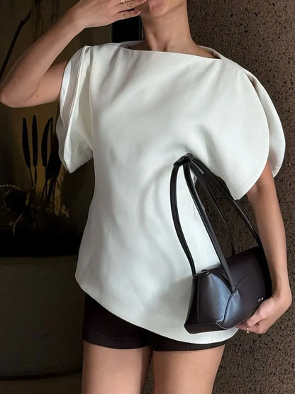 Women Casual Loose T-Shirts Asymmetrical Hem Blouse Short Puff Sleeve Shirt Elegant Woman Summer Party Vacation White Tops