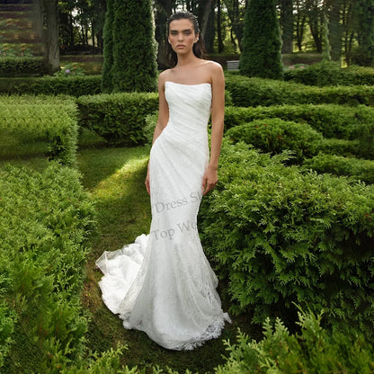 Lace Wedding Dresses 2026 Strapless Mermaid Applique Sleeveless Pleated Luxury Bridal Reception Dresses For Woman Customized